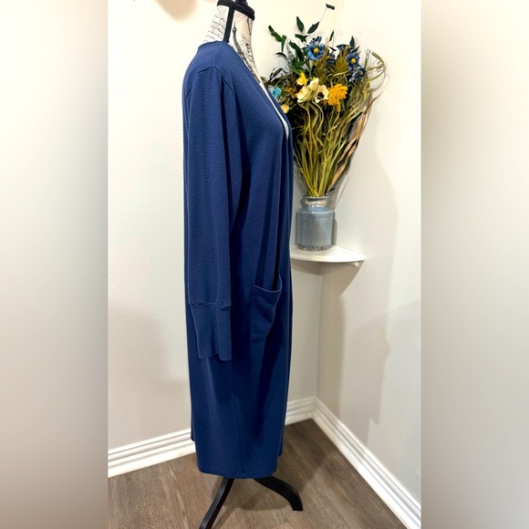 Magnolia 3 piece Loungewear Blue Crop Tank Top, flared pants, & long duster robe - Picture 10 of 14